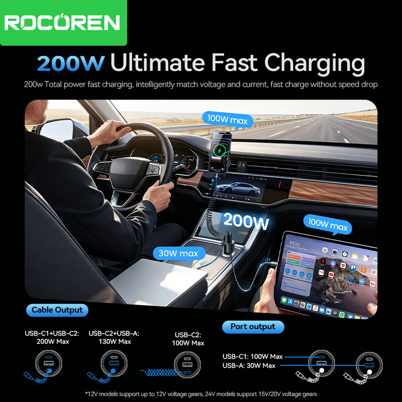 Rocoren 200W Car Charger Fast  - огляд і ціна Cable Lock Laptop